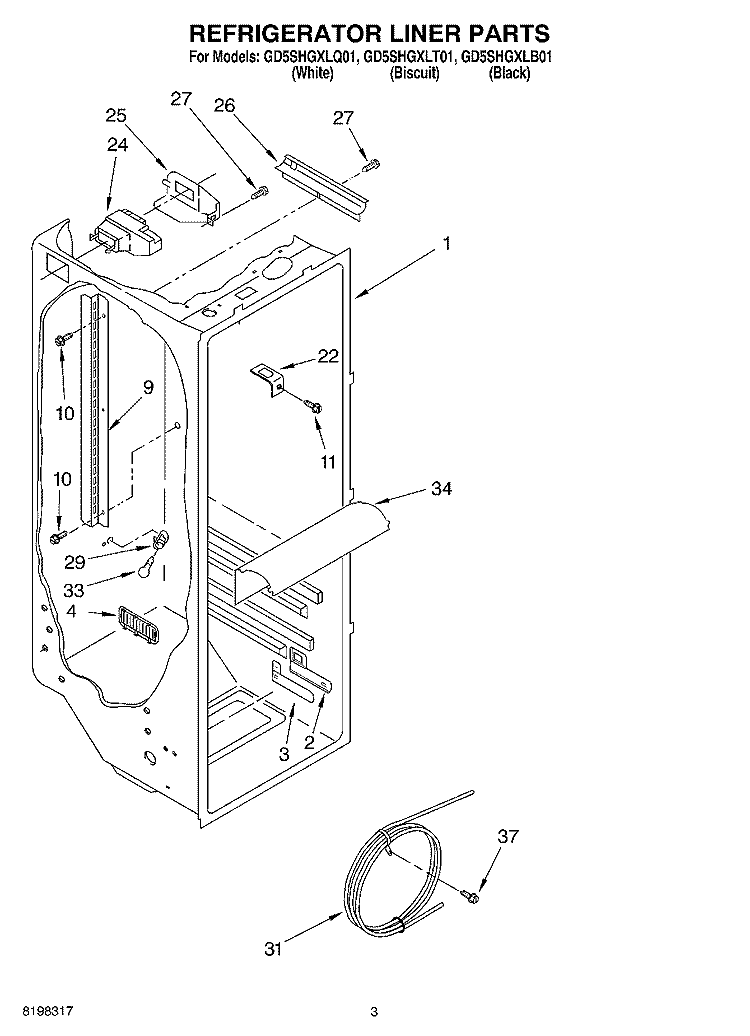 REFRIGERATOR LINER PARTS Diagram and Parts List for GD5SHGXLT01  Whirlpool Refrigerator