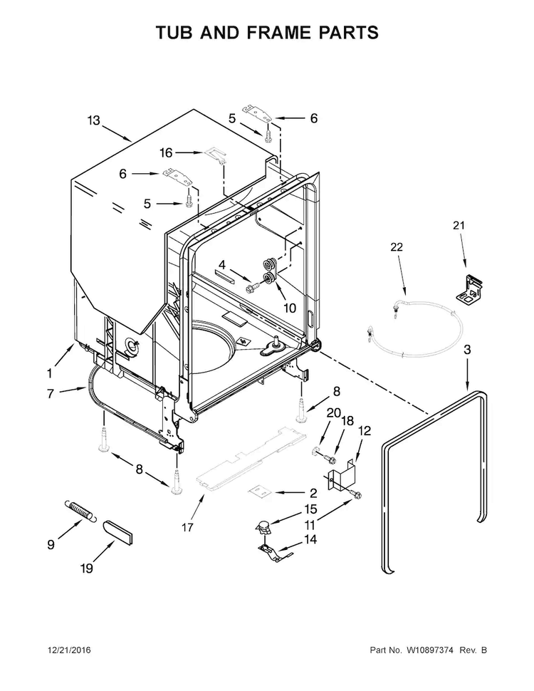 Tub And Frame Parts Diagram and Parts List for  Whirlpool Dishwasher