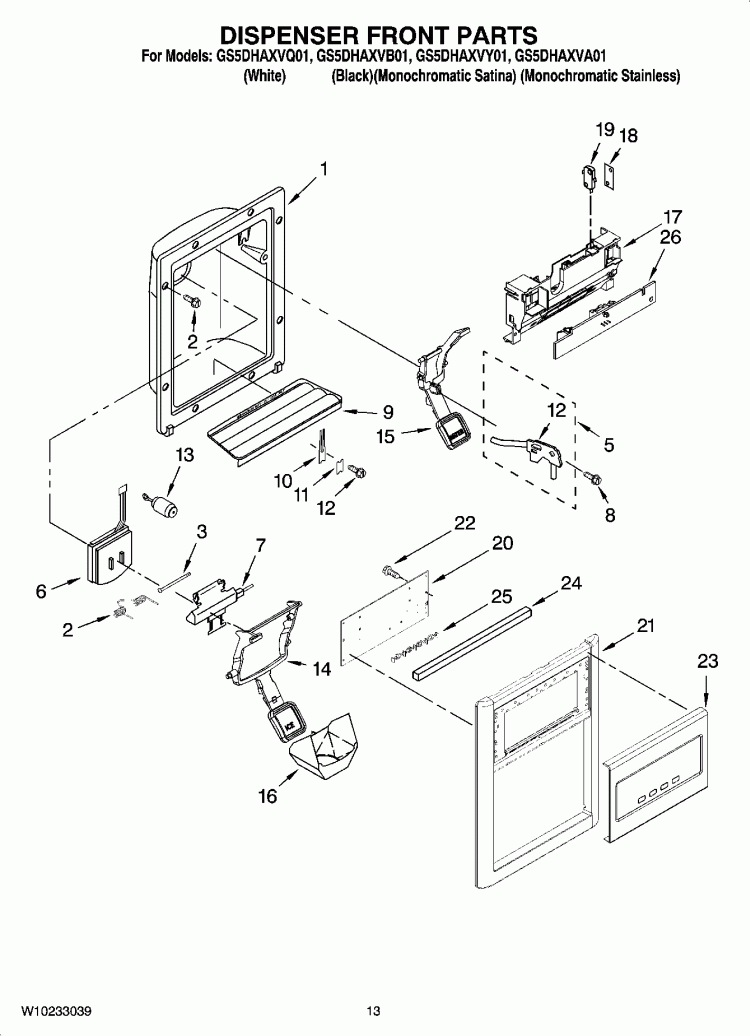 DISPENSER FRONT PARTS Diagram and Parts List for GS5DHAXVY01  Whirlpool Refrigerator