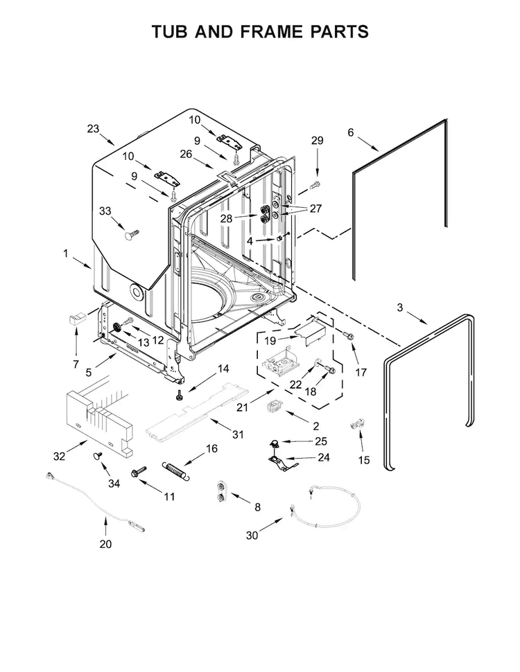 Tub And Frame Parts Diagram and Parts List for  Whirlpool Dishwasher