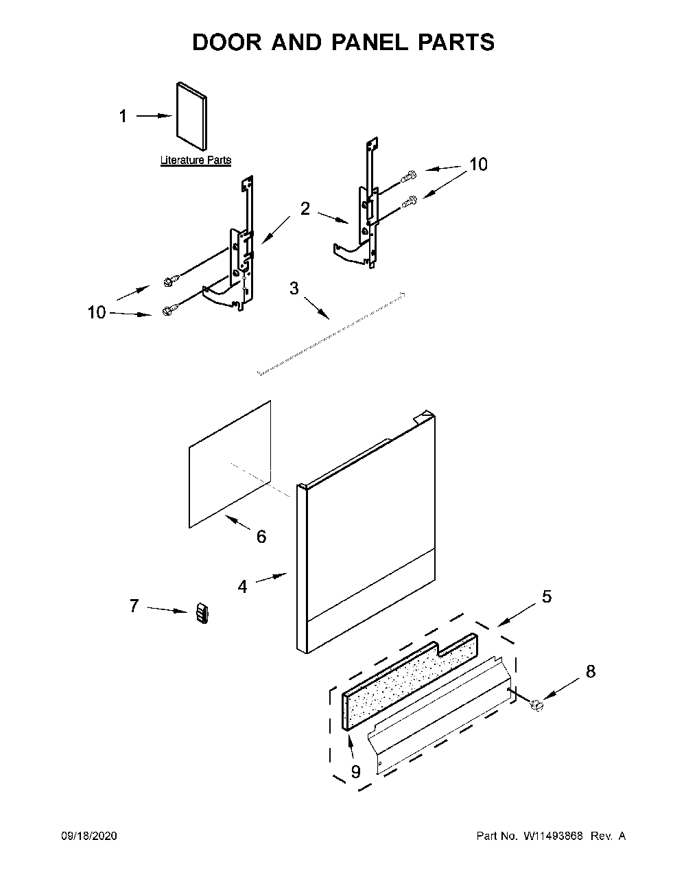 Door and panel parts Diagram and Parts List for  Whirlpool Dishwasher
