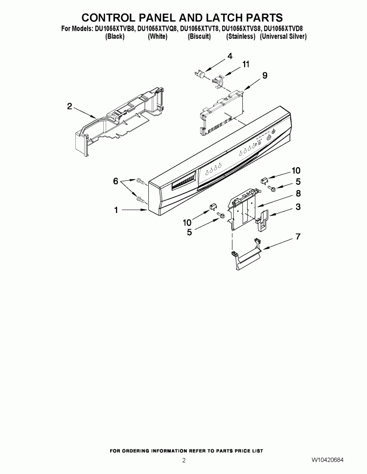 CONTROL PANEL AND LATCH PARTS Diagram and Parts List for  Whirlpool Dishwasher