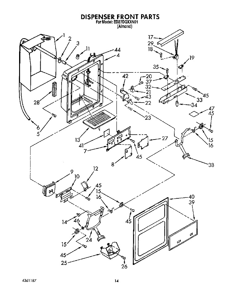DISPENSER FRONT Diagram and Parts List for ED27DQXXN01  Whirlpool Refrigerator