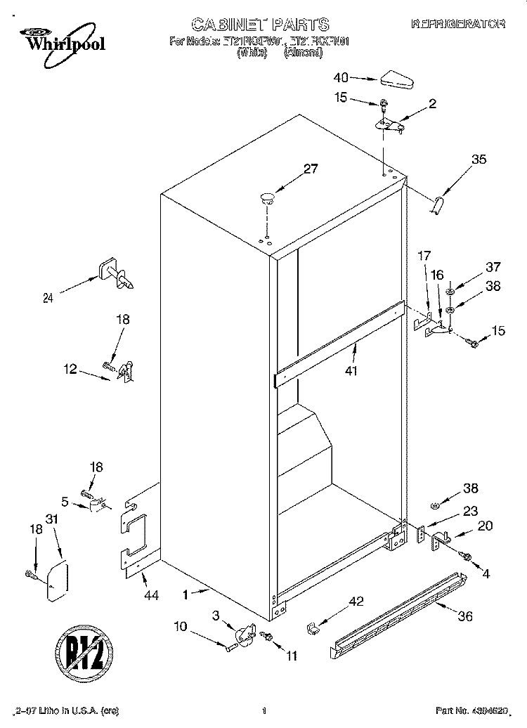 CABINET Diagram and Parts List for ET21PKXFW01  Whirlpool Refrigerator