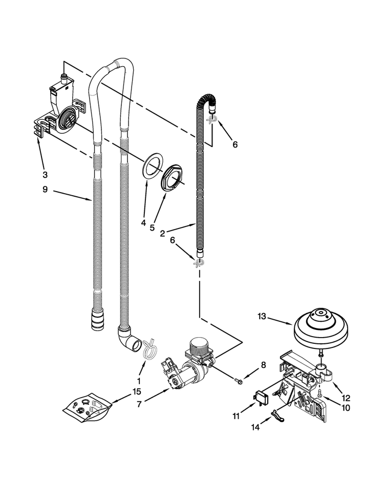Fill, Drain And Overfill Parts Diagram and Parts List for  Whirlpool Dishwasher