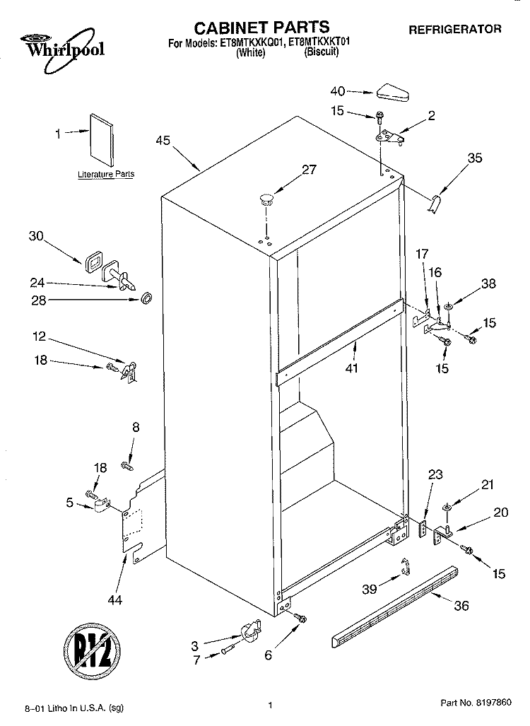 CABINET, LITERATURE Diagram and Parts List for ET8MTKXKQ01  Whirlpool Refrigerator