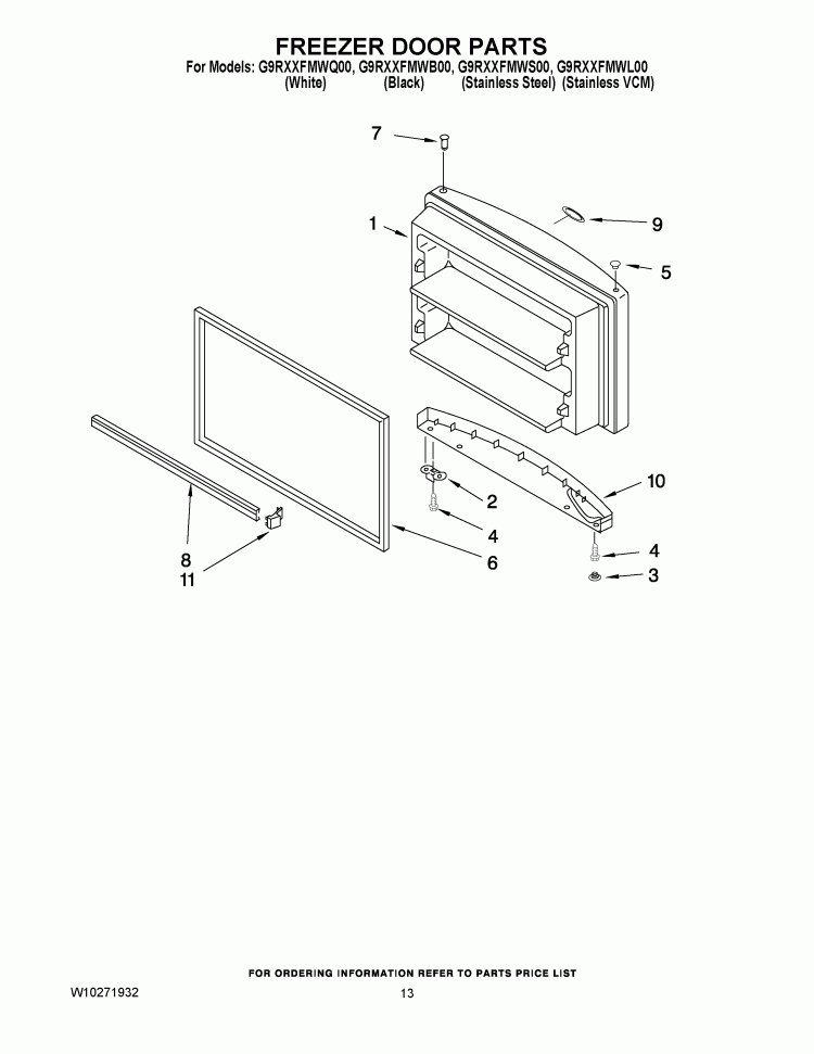 FREEZER DOOR PARTS Diagram and Parts List for G9RXXFMWS00  Whirlpool Refrigerator
