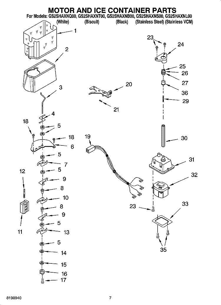 MOTOR AND ICE CONTAINER PARTS Diagram and Parts List for GS2SHAXNL00  Whirlpool Refrigerator