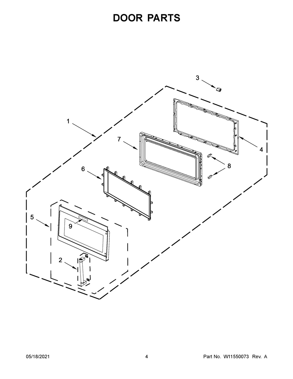 Door Parts Diagram and Parts List for  Whirlpool Microwave Oven Combo