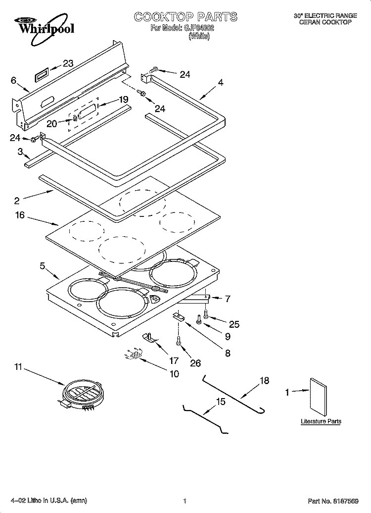 COOKTOP PARTS Diagram and Parts List for  Whirlpool Range