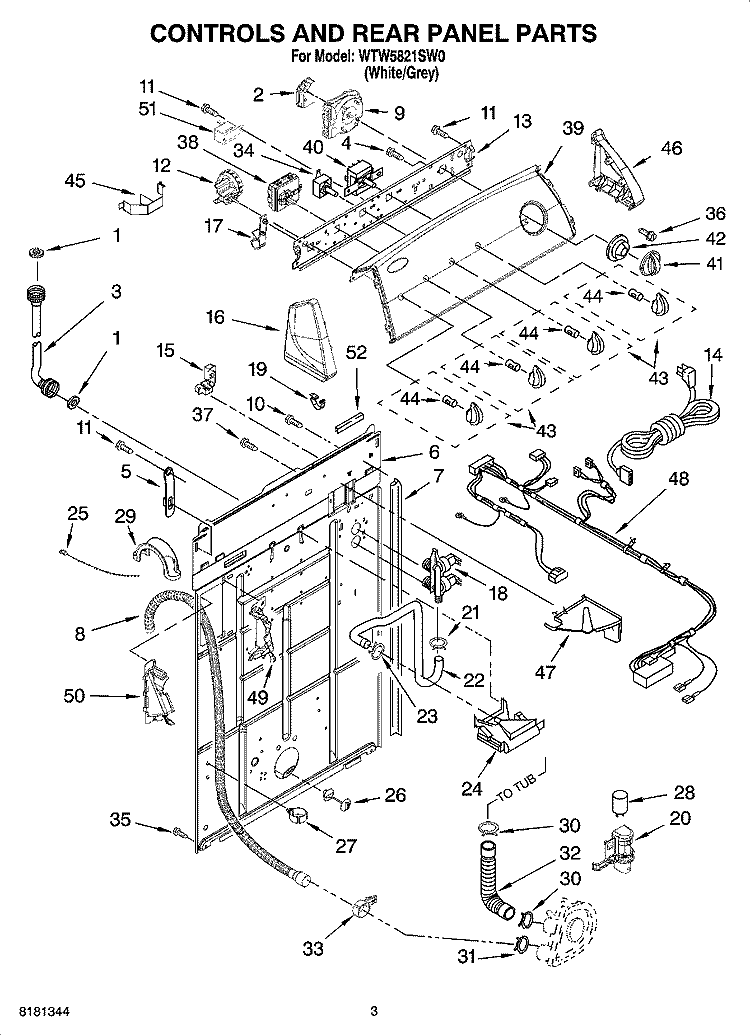 CONTROLS AND REAR PANEL PARTS Diagram and Parts List for  Whirlpool Washer