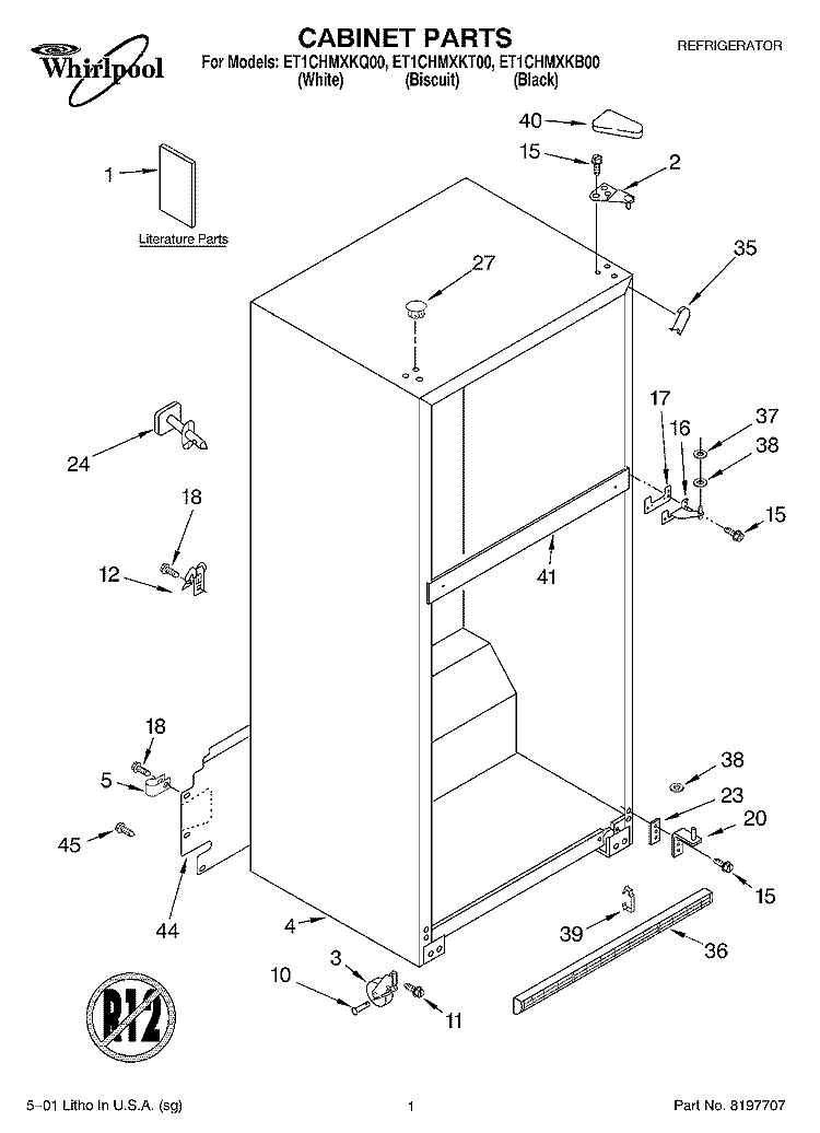 CABINET, LITERATURE Diagram and Parts List for ET1CHMXKB00  Whirlpool Refrigerator