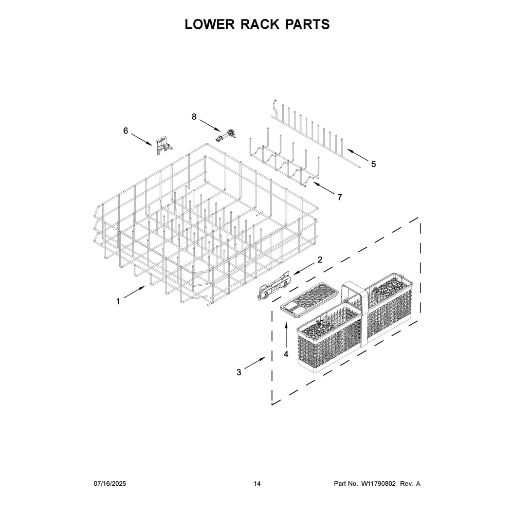 Lower Rack Parts Diagram and Parts List for  KitchenAid Dishwasher