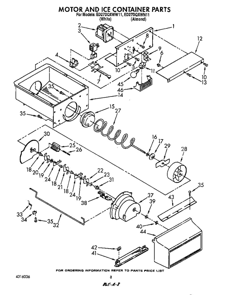 Motor And Ice Container Diagram and Parts List for ED27DQZWN11  Whirlpool Refrigerator