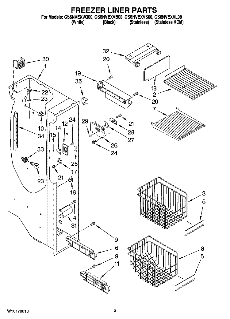 FREEZER LINER PARTS Diagram and Parts List for GS6NVEXVS00  Whirlpool Refrigerator