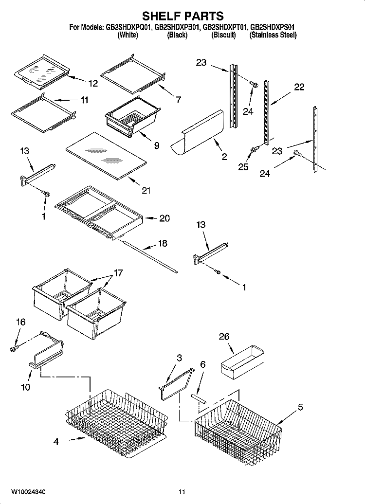 SHELF PARTS Diagram and Parts List for GB2SHDXPT01  Whirlpool Refrigerator