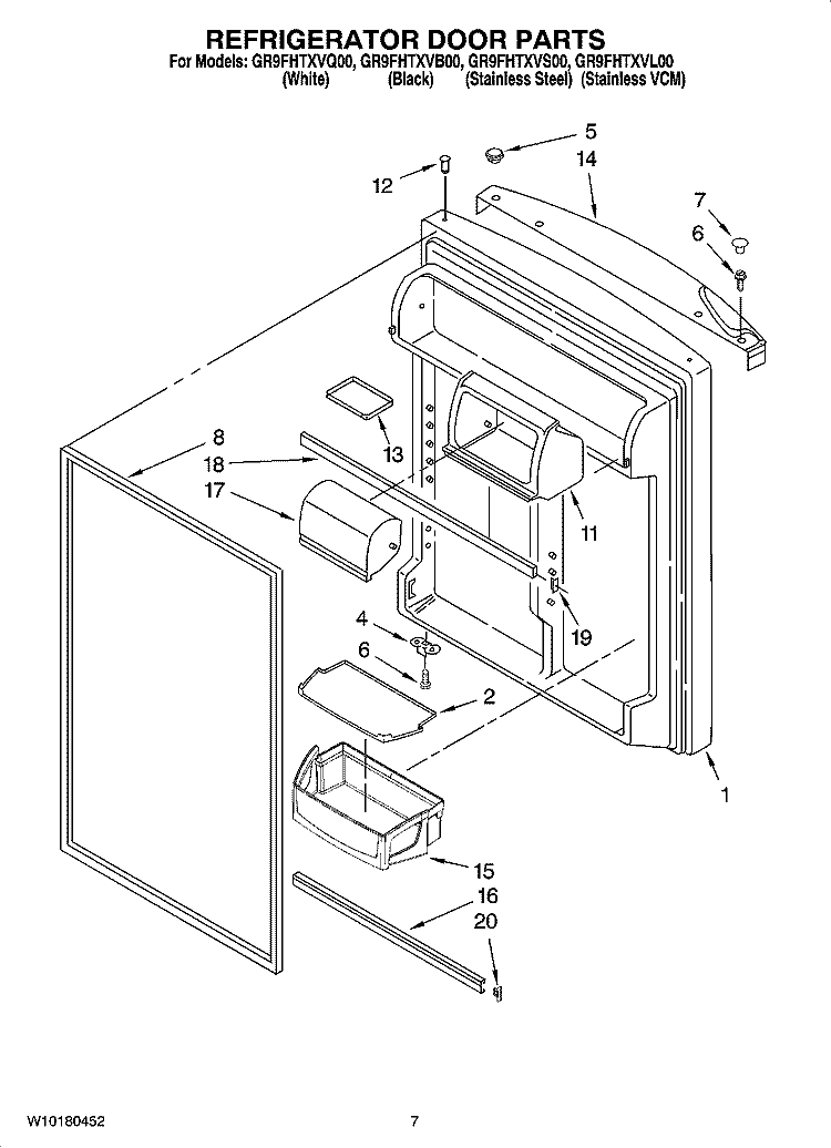 REFRIGERATOR DOOR PARTS Diagram and Parts List for GR9FHTXVQ00  Whirlpool Refrigerator