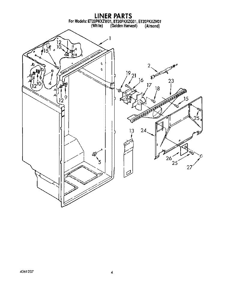 LINER Diagram and Parts List for ET20PKXZG01  Whirlpool Refrigerator