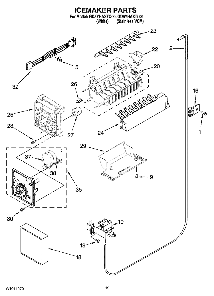 ICEMAKER PARTS, OPTIONAL PARTS (NOT INCLUDED) Diagram and Parts List for GD5YHAXTL00  Whirlpool Refrigerator