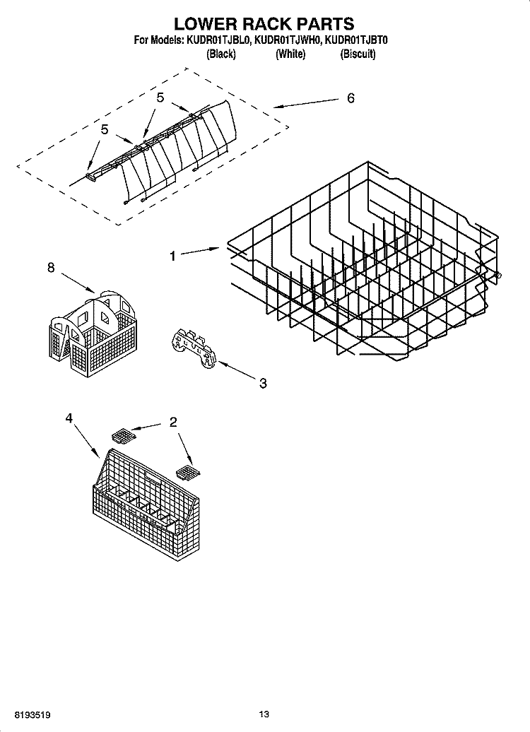 LOWER RACK PARTS Diagram and Parts List for  KitchenAid Dishwasher