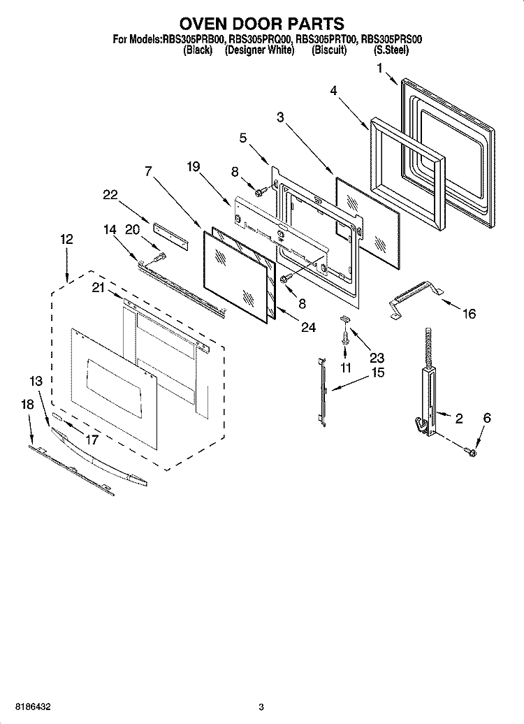 OVEN DOOR PARTS Diagram and Parts List for  Whirlpool Wall Oven