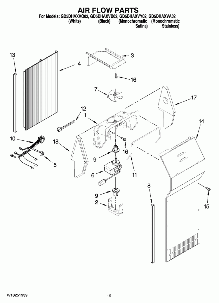 AIR FLOW PARTS, OPTIONAL PARTS (NOT INCLUDED) Diagram and Parts List for GD5DHAXVB02  Whirlpool Refrigerator