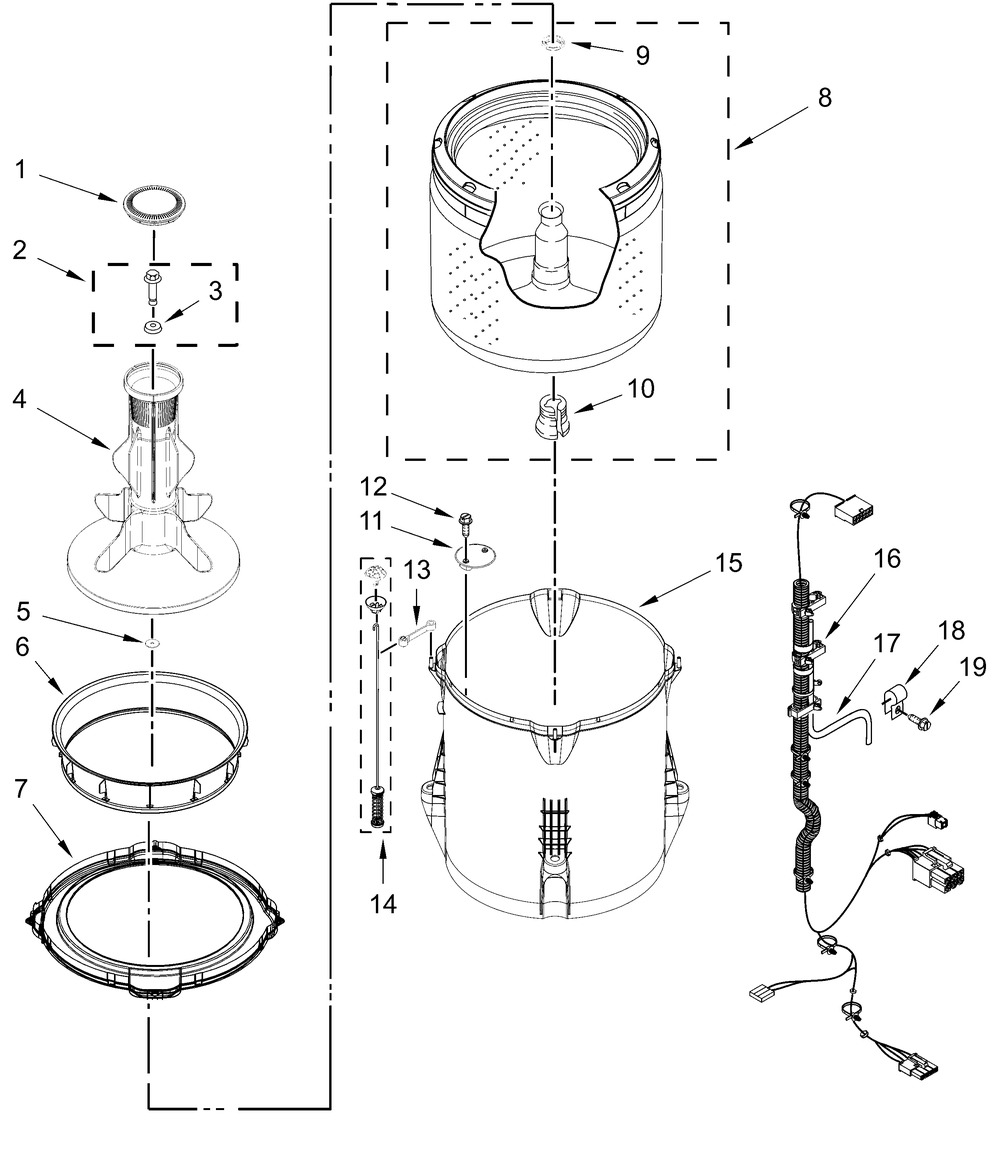 Basket And Tub Parts Diagram and Parts List for  Whirlpool Washer