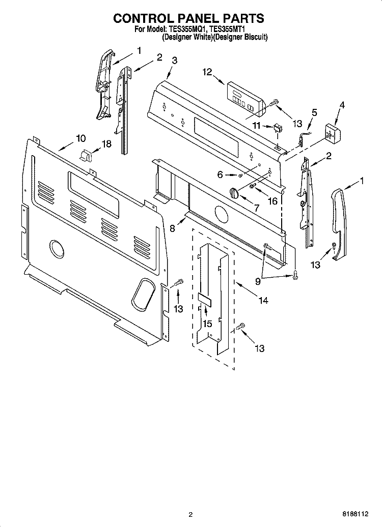 CONTROL PANEL PARTS Diagram and Parts List for TES355MQ1  Estate Range