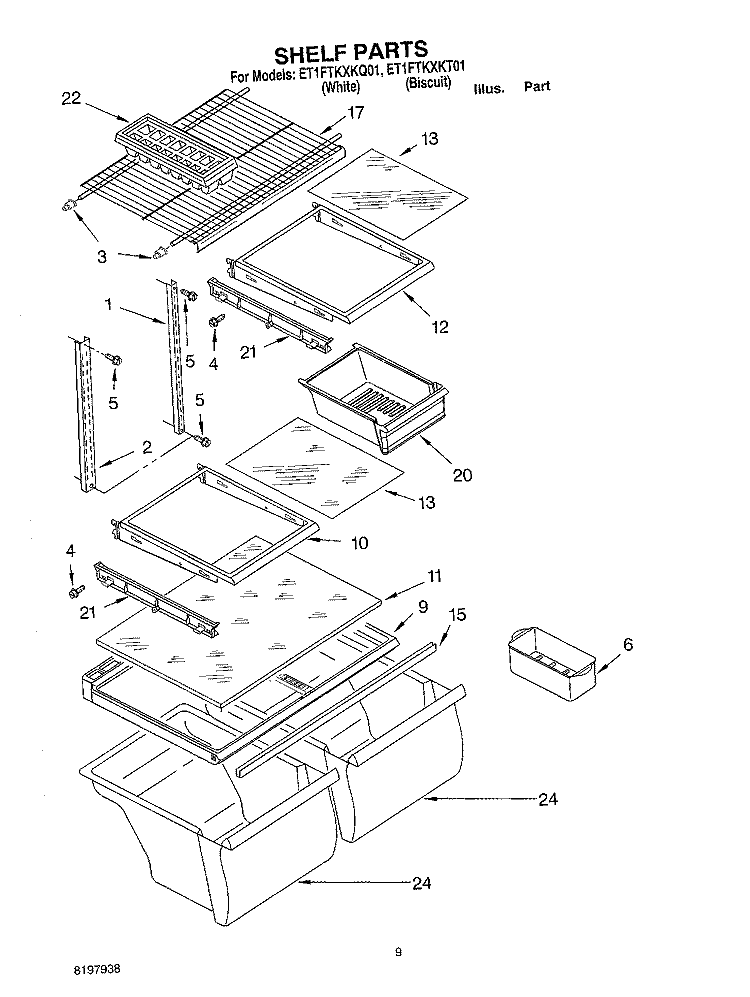 SHELF, OPTIONAL Diagram and Parts List for ET1FTKXKT01  Whirlpool Refrigerator