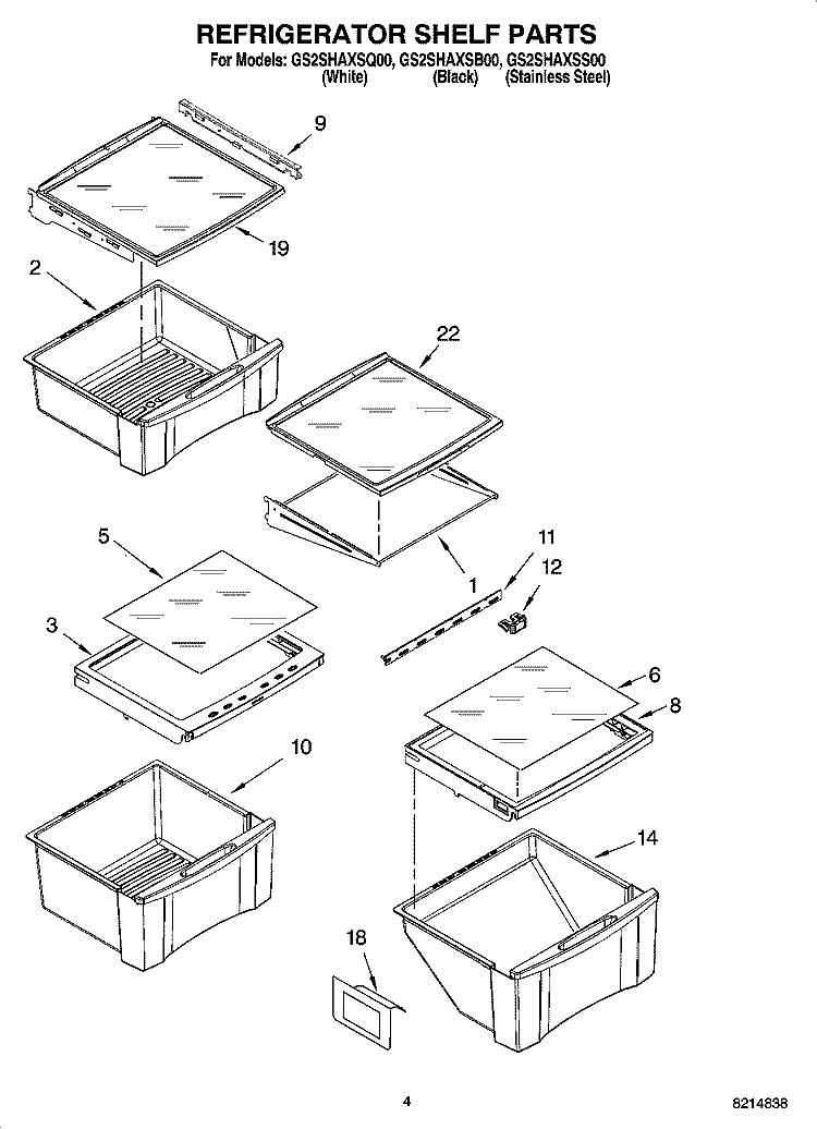 REFRIGERATOR SHELF PARTS Diagram and Parts List for GS2SHAXSS00  Whirlpool Refrigerator