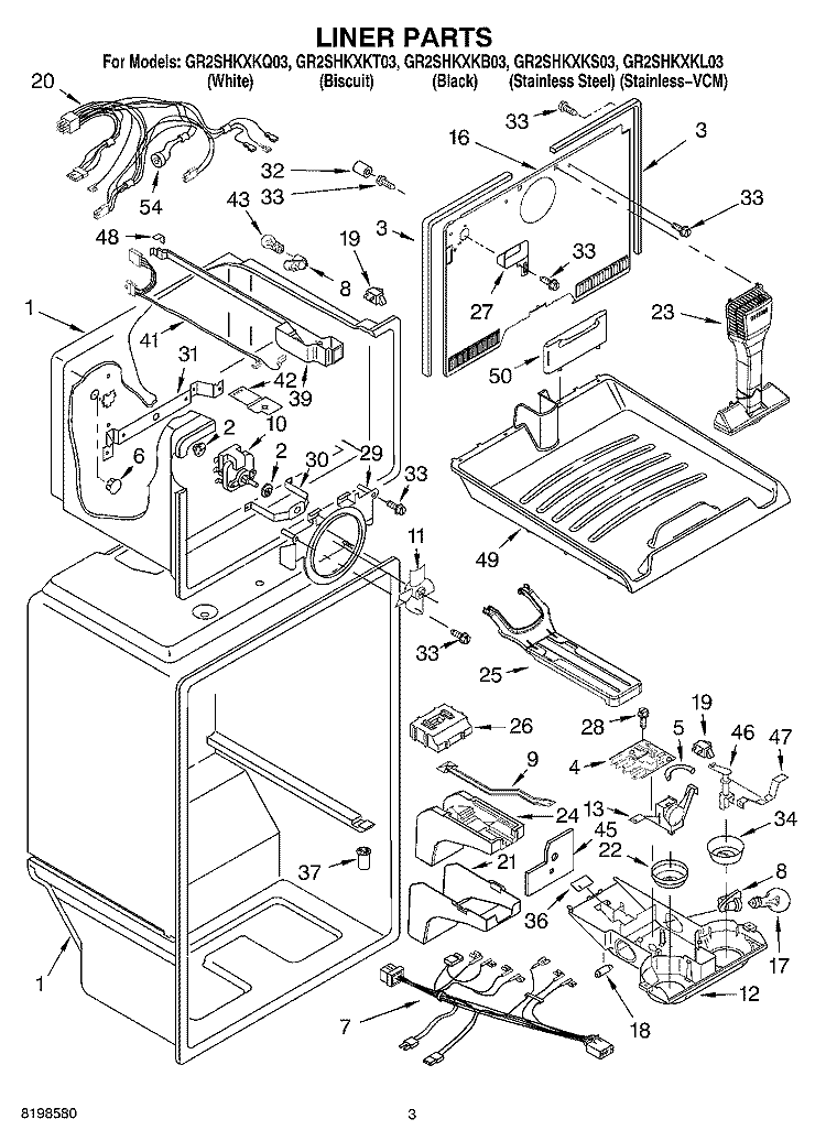 LINER PARTS Diagram and Parts List for GR2SHKXKS03  Whirlpool Refrigerator
