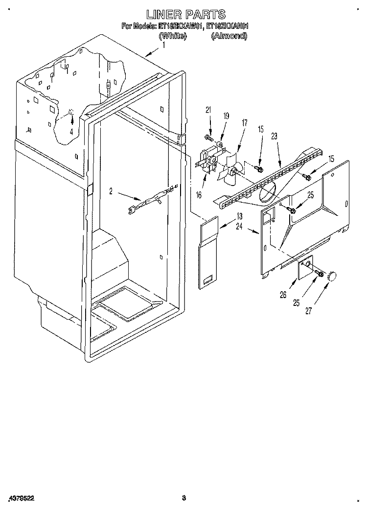 LINER Diagram and Parts List for ET18ZKXAN01  Whirlpool Refrigerator
