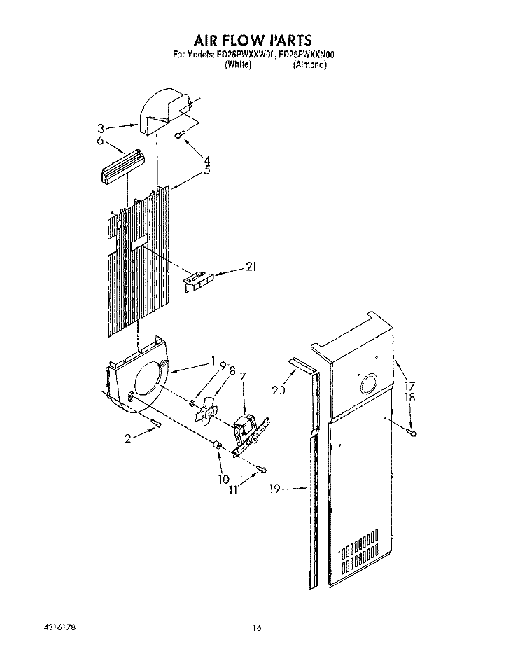 AIR FLOW Diagram and Parts List for ED25PWXXN00  Whirlpool Refrigerator