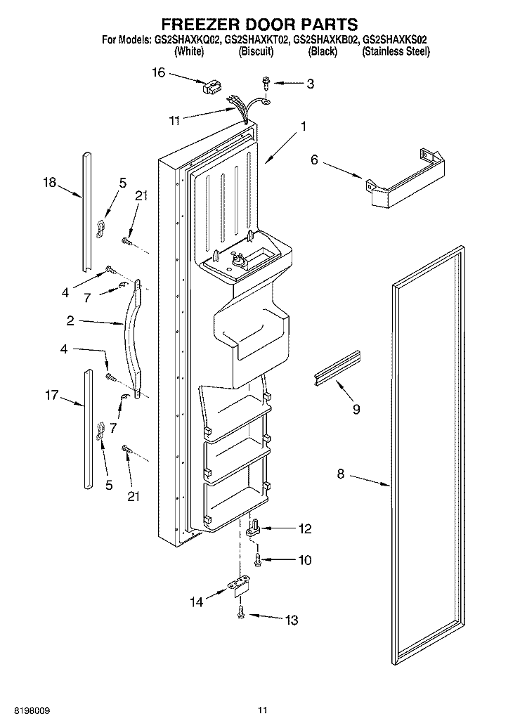 FREEZER DOOR PARTS Diagram and Parts List for GS2SHAXKS02  Whirlpool Refrigerator