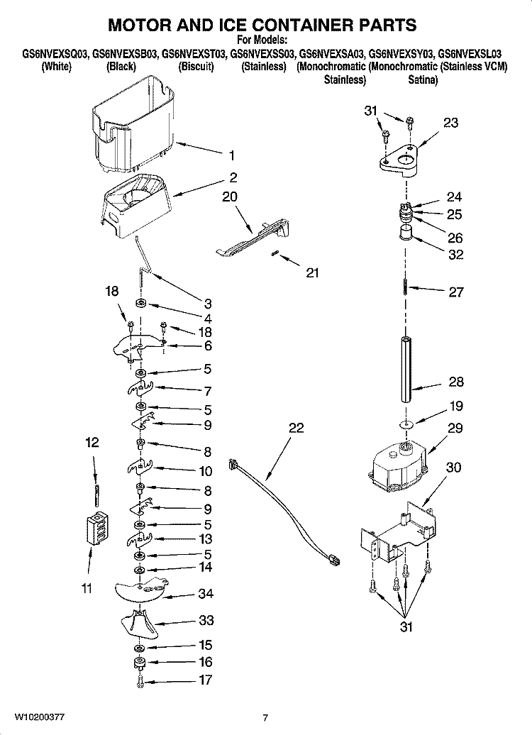 MOTOR AND ICE CONTAINER PARTS Diagram and Parts List for GS6NVEXSS03  Whirlpool Refrigerator