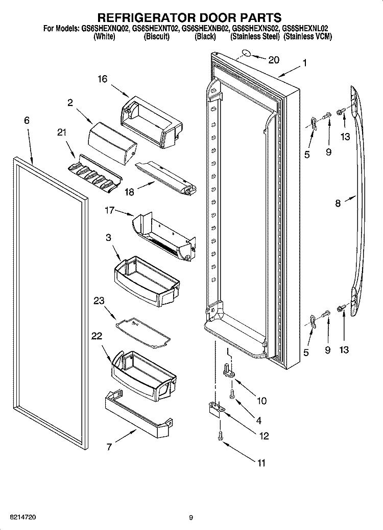REFRIGERATOR DOOR PARTS Diagram and Parts List for GS6SHEXNQ02  Whirlpool Refrigerator