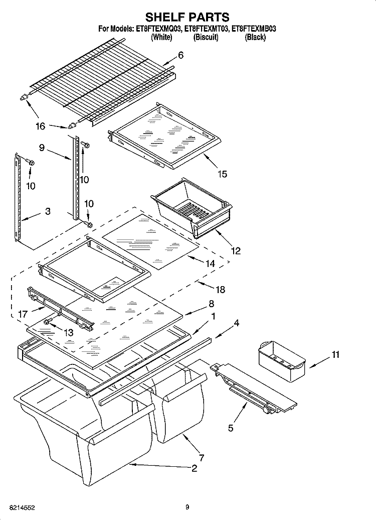 SHELF PARTS, OPTIONAL PARTS Diagram and Parts List for ET8FTEXMB03  Whirlpool Refrigerator