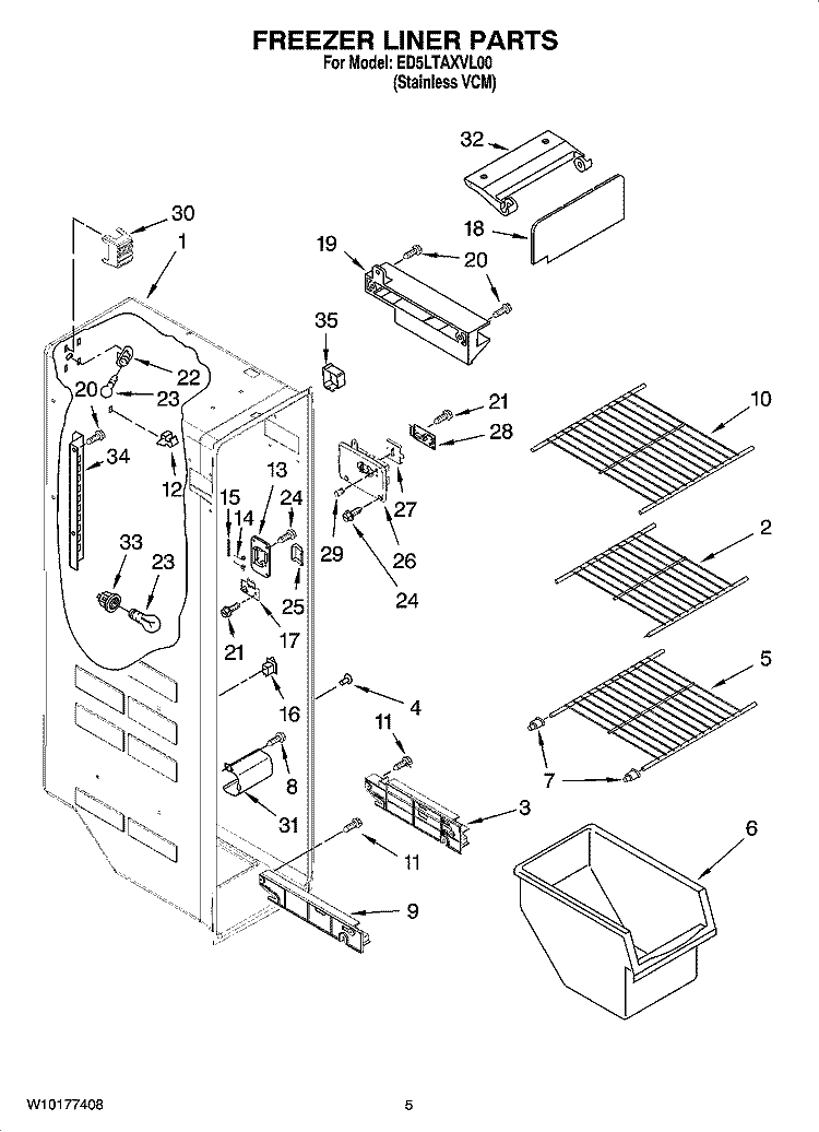 FREEZER LINER PARTS Diagram and Parts List for  Whirlpool Refrigerator