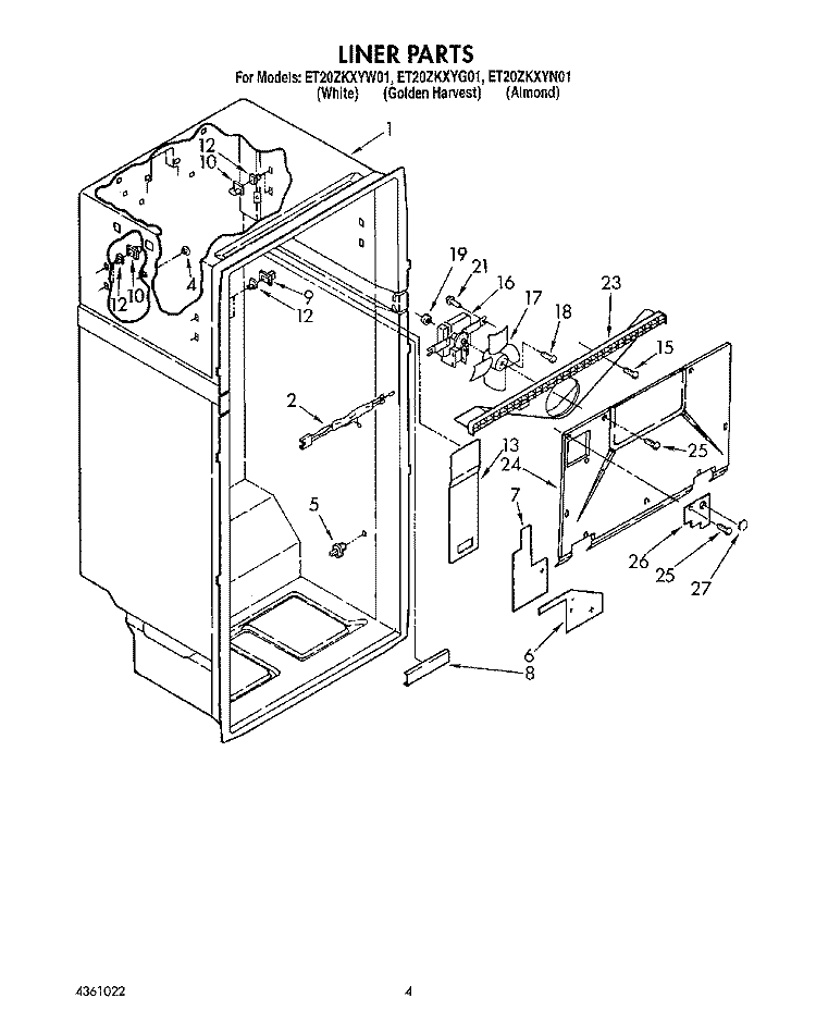 LINER Diagram and Parts List for ET20ZKXYN01  Whirlpool Refrigerator