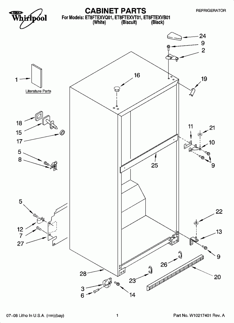 CABINET PARTS Diagram and Parts List for ET8FTEXVB01  Whirlpool Refrigerator
