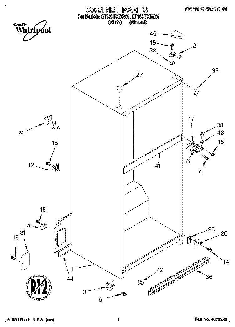 CABINET Diagram and Parts List for ET18HTXDW01  Whirlpool Refrigerator