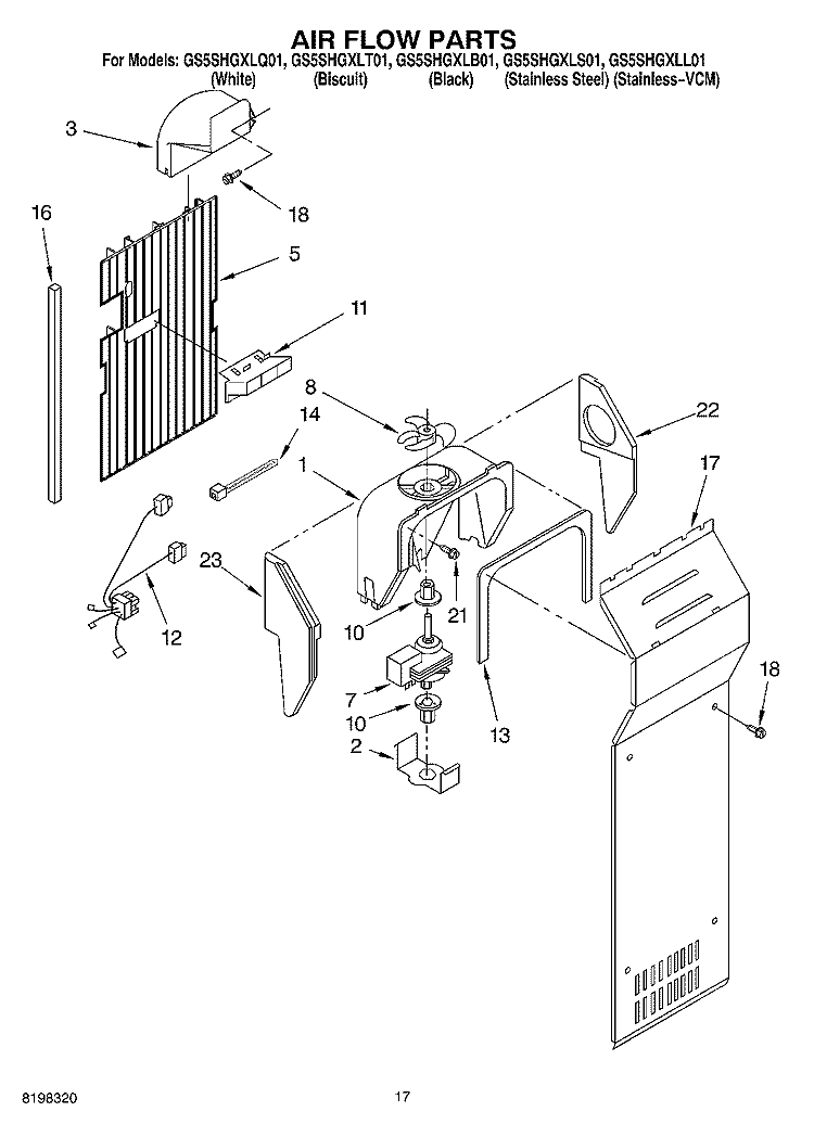 AIR FLOW PARTS Diagram and Parts List for GS5SHGXLT01  Whirlpool Refrigerator
