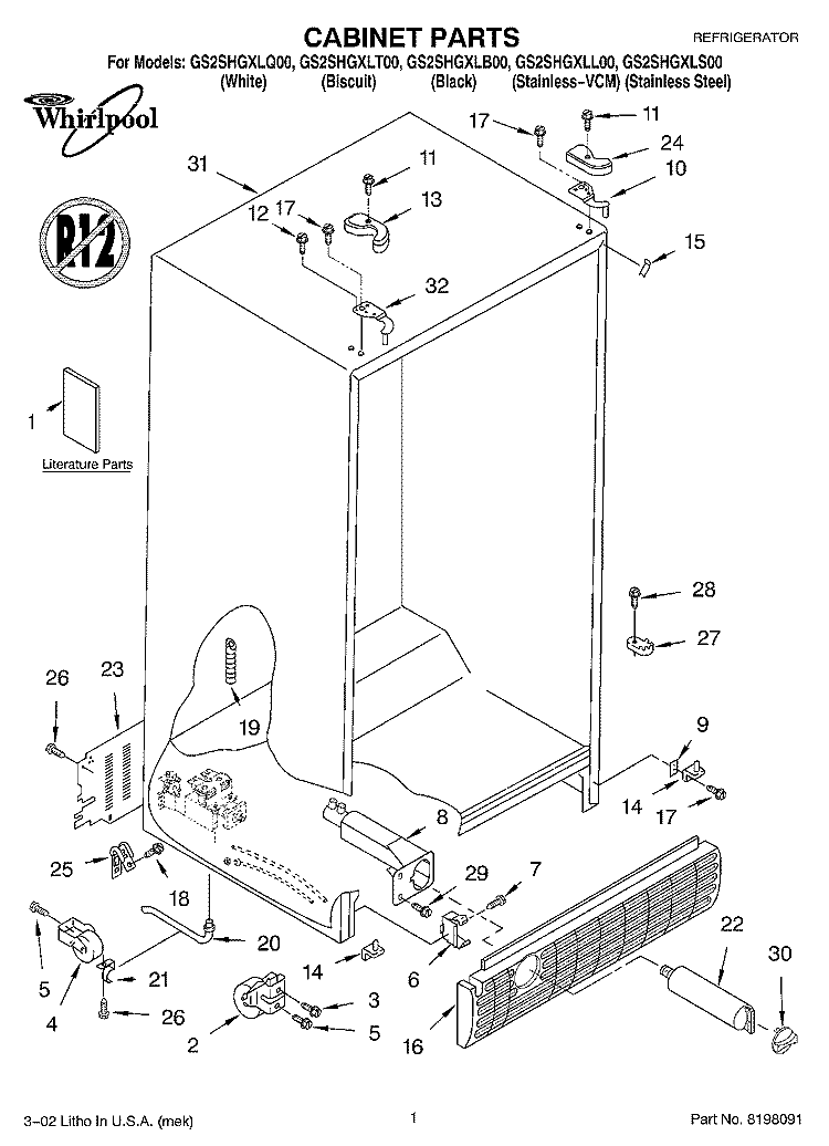 CABINET, LITERATURE Diagram and Parts List for GS2SHGXLS00  Whirlpool Refrigerator
