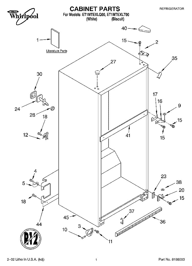 CABINET, LITERATURE Diagram and Parts List for ET1MTEXLQ00  Whirlpool Refrigerator