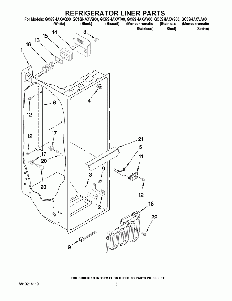 REFRIGERATOR LINER PARTS Diagram and Parts List for  Whirlpool Refrigerator
