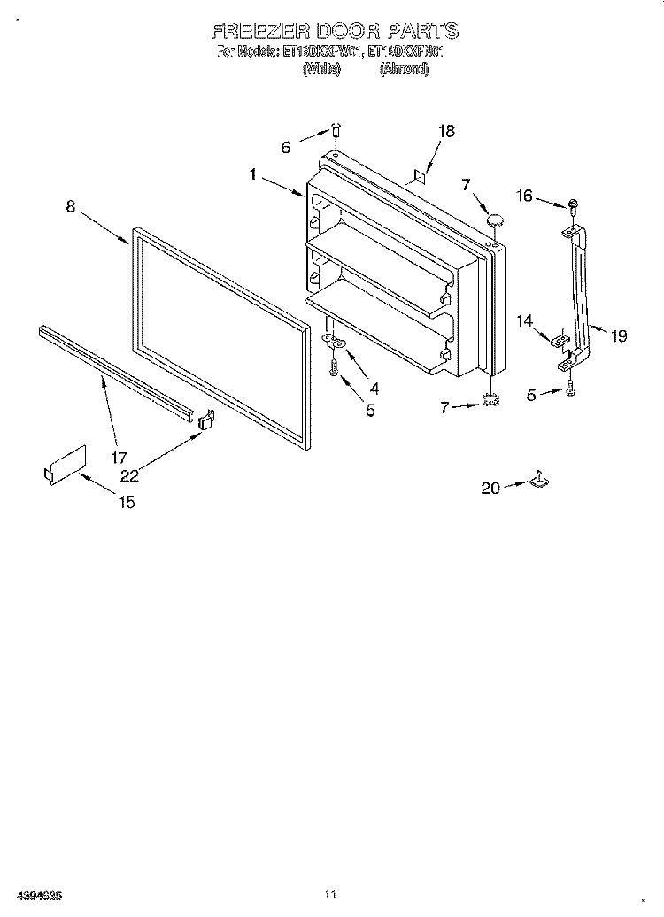 FREEZER DOOR, LIT/OPTIONAL Diagram and Parts List for ET19DKXFW01  Whirlpool Refrigerator