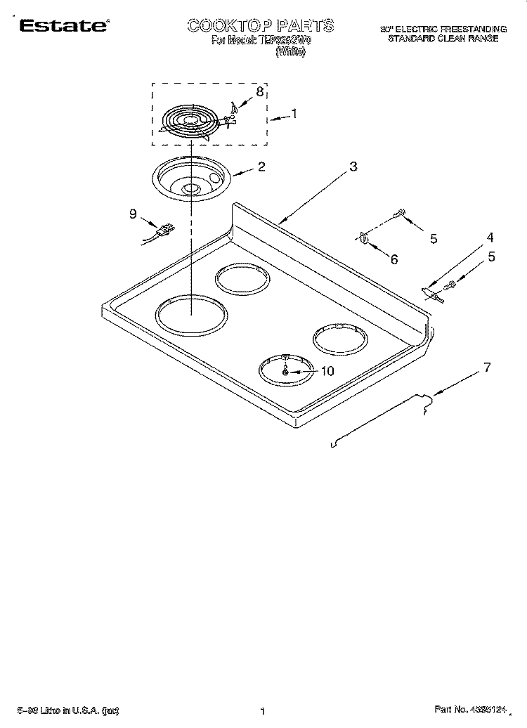 COOKTOP Diagram and Parts List for TEP325GW0  Estate Range