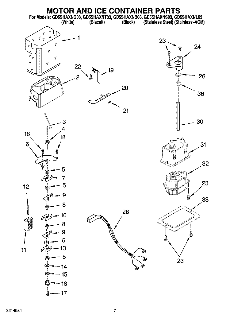 MOTOR AND ICE CONTAINER PARTS Diagram and Parts List for GD5SHAXNL03  Whirlpool Refrigerator
