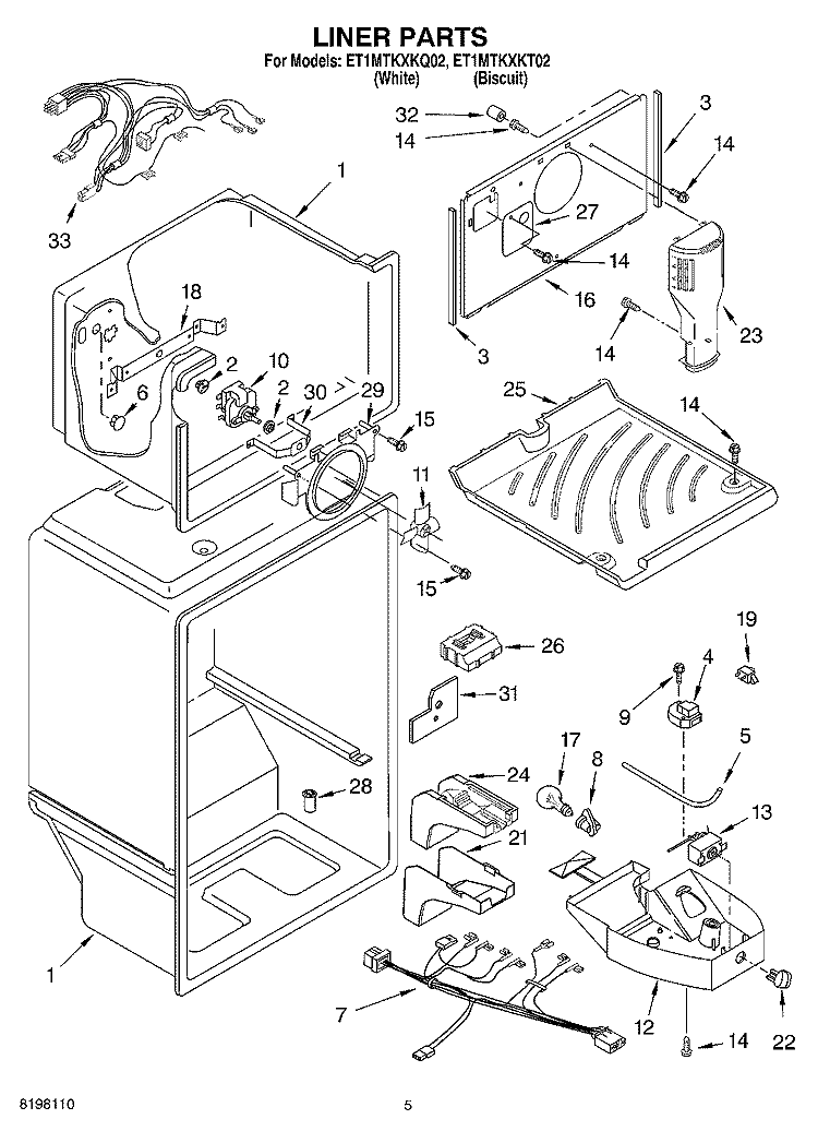 LINER Diagram and Parts List for ET1MTKXKQ02  Whirlpool Refrigerator