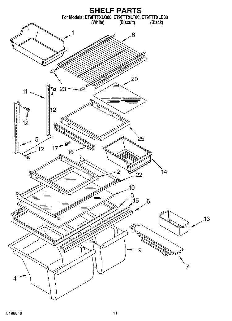 SHELF Diagram and Parts List for ET9FTTXLQ00  Whirlpool Refrigerator